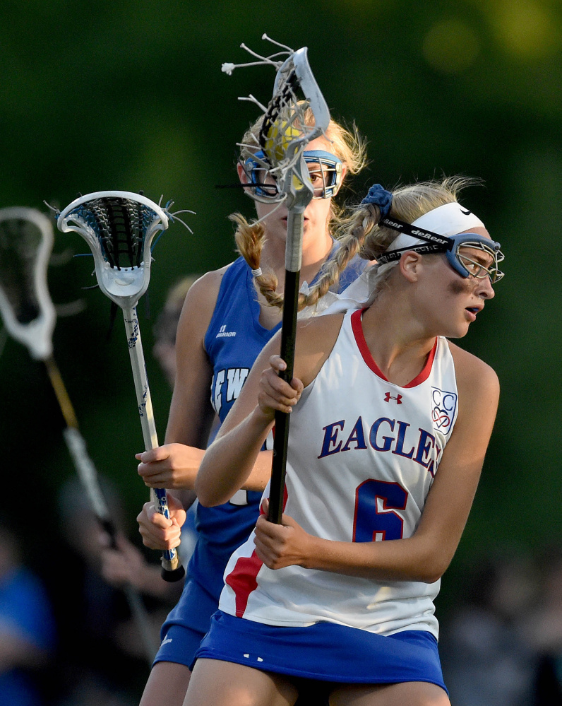 Messalonskee's Ally Turner (6) looks to shoot as Lewiston's Morgan Eliasen defends during the Class A North title game last season at Thomas College in Waterville. Friday, Turner verbally committed to play at Division I Wagner College after high school.