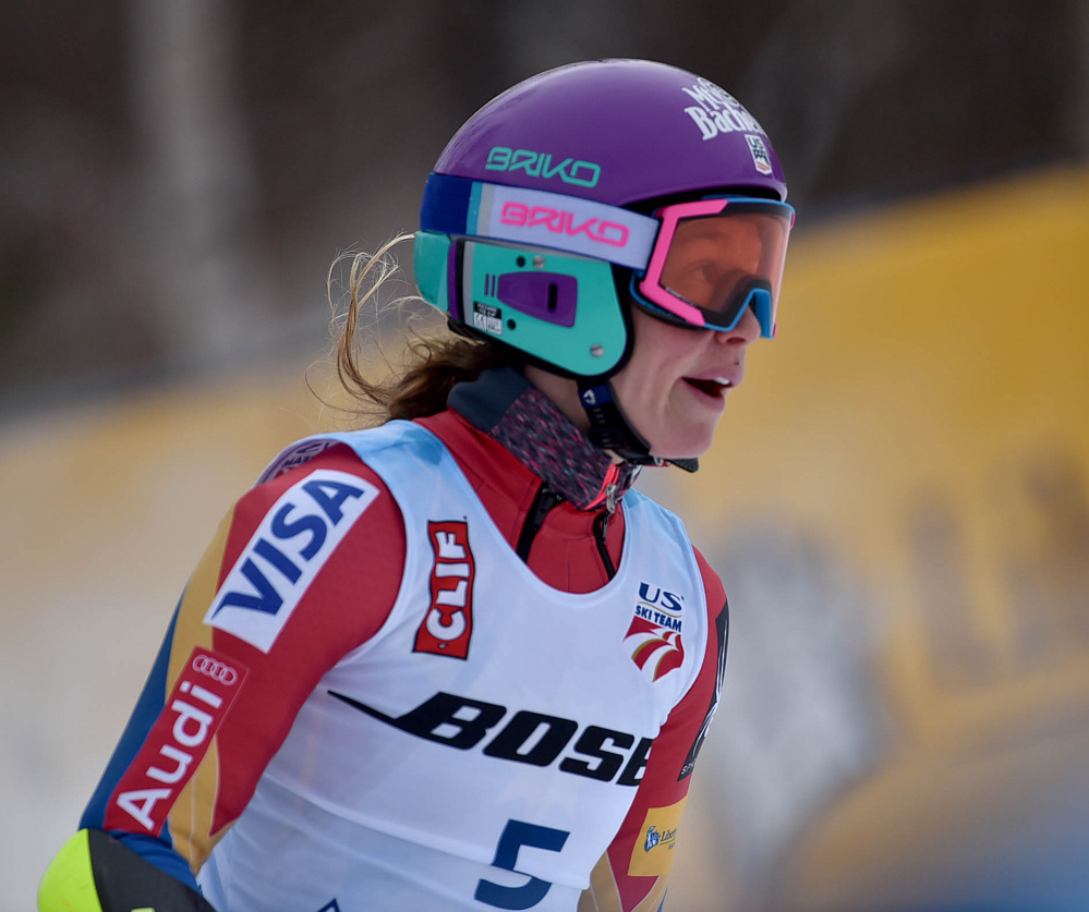 Laurenne Ross reacts after seeing her time in the super-G at the U.S. Alpine Championships at Sugarloaf on Saturday in Carrabassett Valley.