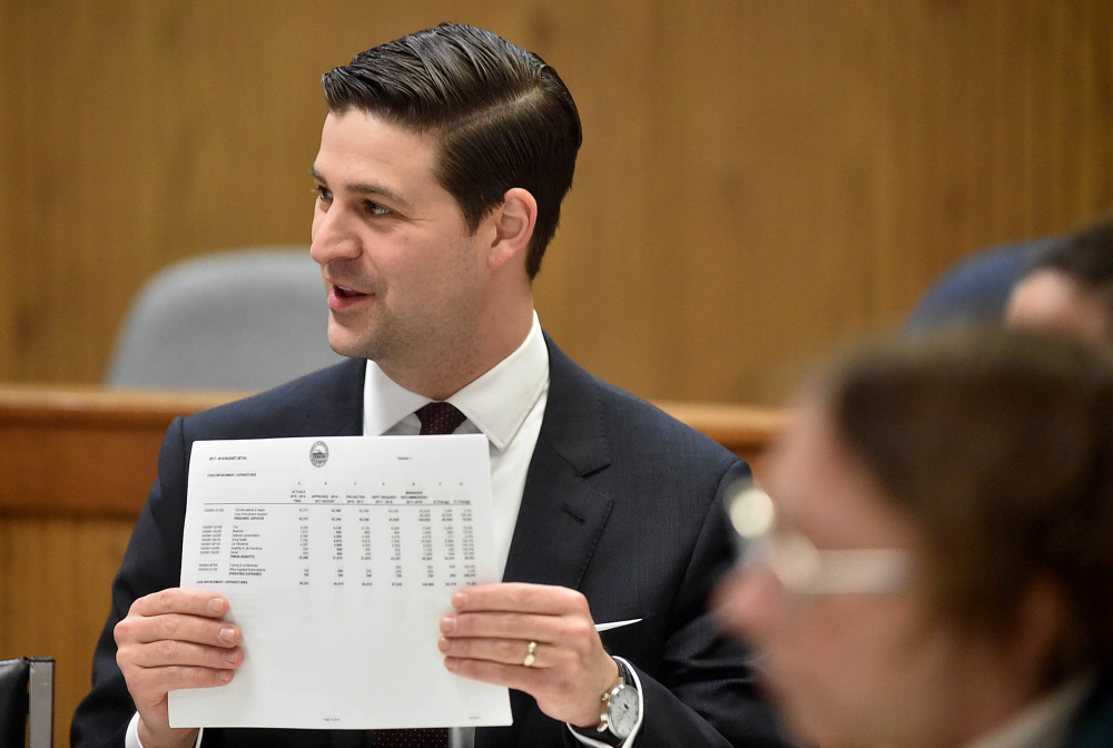 Nick Isgro, Waterville mayor, discuss the city's budget during a meeting at the City Chambers in Waterville on Tuesday.