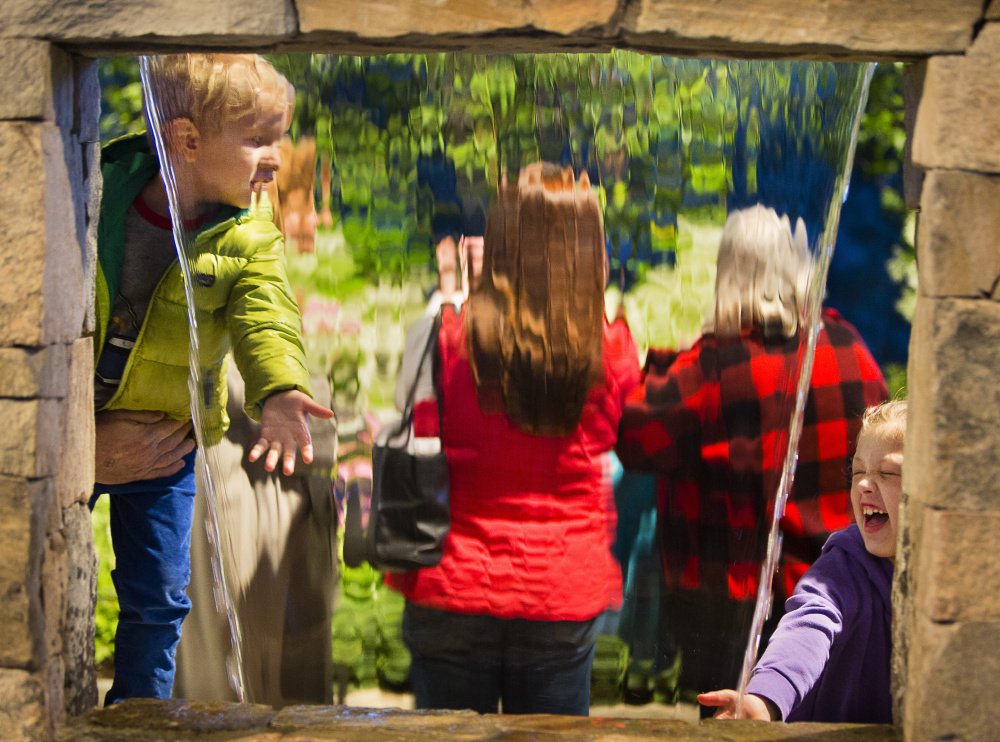 Calvin Johnson-McPheeters, 4, of South Portland, left, and Natalie Lidback, 8, of Bowdoin stick their hands into a waterfall at the Maine Flower Show on Sunday.