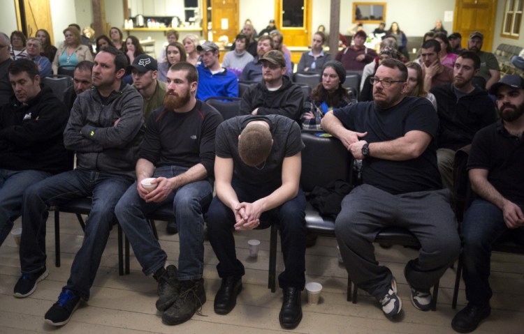 COMING TOGETHER: A well-attended community meeting at Machias Christian Fellowship in Down East Maine features a speech by a former addict describing his path to sobriety. Church groups and activists have taken lead roles in addressing Maine’s opioid epidemic. 