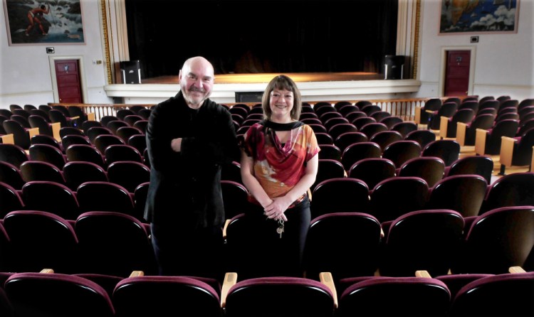 Skowhegan Opera House Committee members Jon Kimbell and Manager Cara Mason stand inside the Skowhegan historic landmark Wednesday.