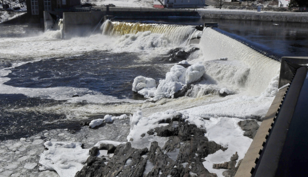 The hydro dam facility in the Kennebec River beside the closed Madison Paper Industries mill on March 6, 2017.