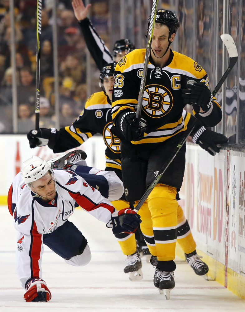 Washington Capitals forward Matt Niskanen (2) is knocked to the ice by Boston defenseman Zdeno Chara during the second period of a game Saturday in Boston.