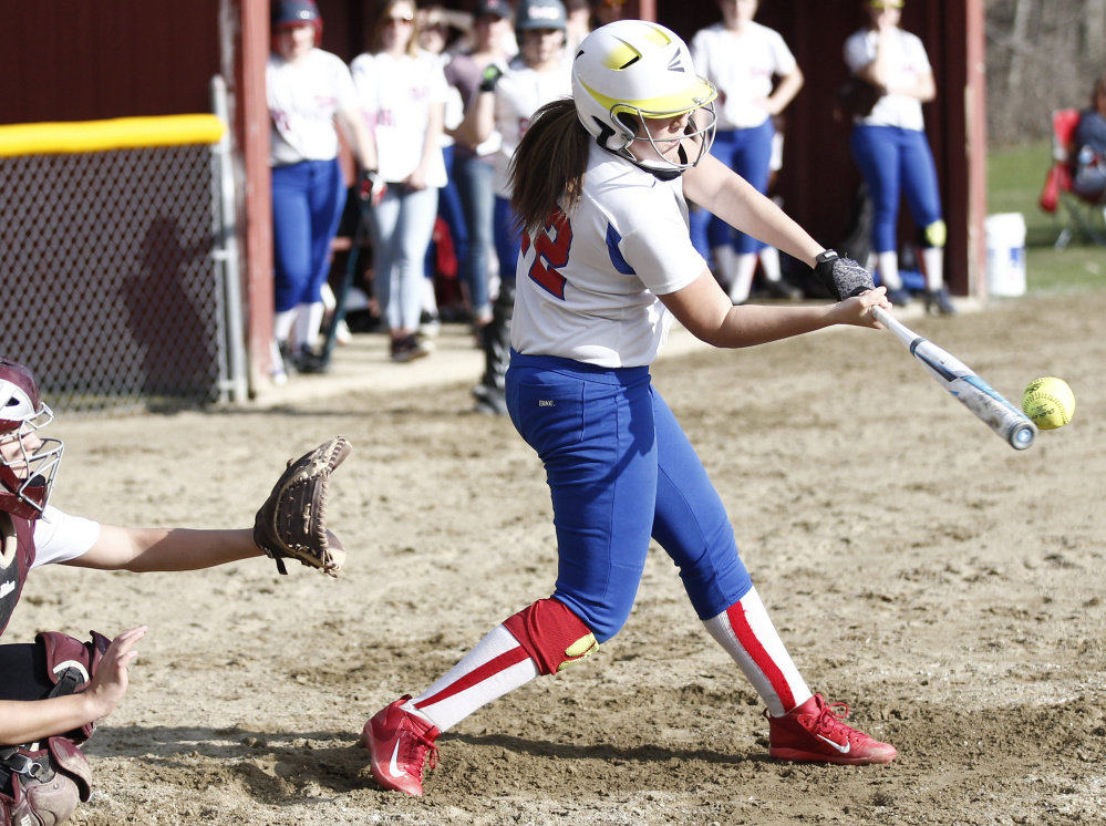 Oak Hill sophomore Abby Nadeau smacks a double down the left field line to drive in two runs in the sixth inning on Monday against Monmouth Academy.