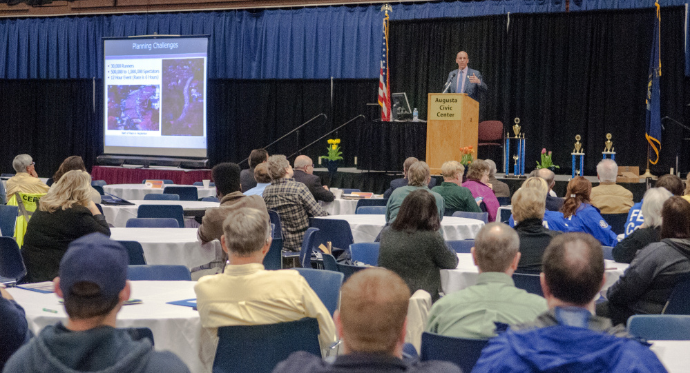 Staff photo by Joe Phelan
Massachusetts Emergency Management Agency Director Kurt Schwartz gives a speech Wednesday about the 2013 Boston Marathon bombing during a Maine Emergency Management Agency Convention at the Augusta Civic Center.