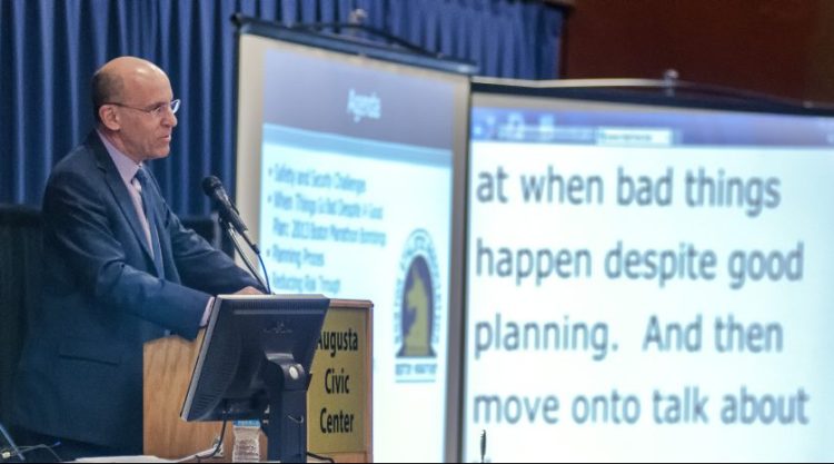 Massachusetts Emergency Management Agency Director Kurt Schwartz gives a speech Wednesday about the 2013 Boston Marathon bombing during a Maine Emergency Management Agency Convention at the Augusta Civic Center.