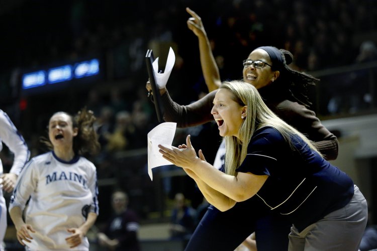 Coaches Amy Vachon, right,  will be UMaine's interim coach for the 2017-18 women's basketball season. 