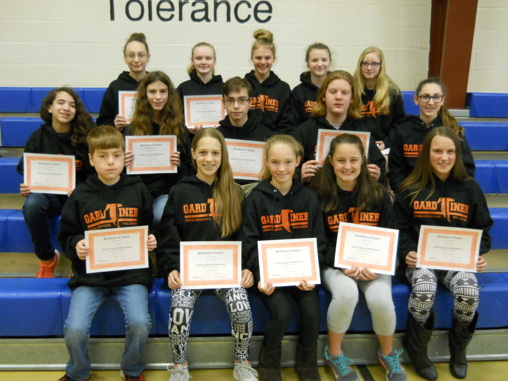 Gardiner Regional Middle School has announced its Falcons of the Month for the second and third quarter of the 2016-17 academic year. In front, from left, are Eric Fyfe, Sydney Dayken, Maddy Blais, Katie Nestor and Sophia Baron. In middle, from left, are Renata Montell, Alexia Peckham, Isaac Dostie, Sean Doyle and Meagan Ladner. In back, from left, are Kailyn Minoty, Kaylee Drummond, Serena Spence, Alyssa Frith and Sage Dudley.