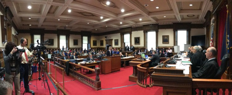 Phyllis Gardiner, assistant attorney general, argues on behalf of the attorney general and the secretary of state April 13 during a Maine Supreme Judicial Court hearing in the Capital Judicial Center in Augusta. The court, also known as the Law Court, will sit in Augusta this week to hear several local high-profile cases.