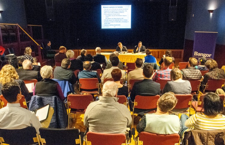 Jeff Levine, city of portland planning & urban development director, and attorney Ted Kelleher were on the first panel to present on Friday during the "Marijuana on Main Street" event sponsored by Maine Downtown Center in Johnson Hall in Gardiner.