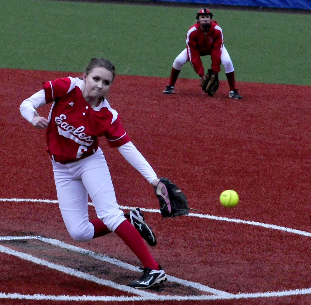 Messalonskee pitcher Alyssa Smith throws against Lawrence during a Kennebec Valley Athletic Conference Class A game Monday at Colby College in Waterville.