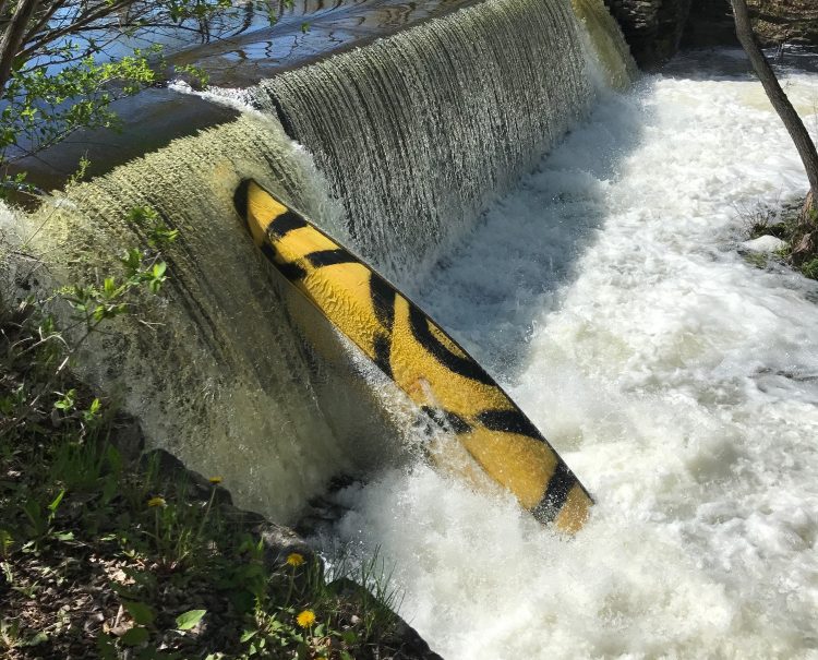 This is the canoe that Maine game wardens believe tipped over in Outlet Stream in Vassalboro Monday night, resulting in the death of 5-year-old William Egold. The canoe was upright against falls on the stream Tuesday morning.