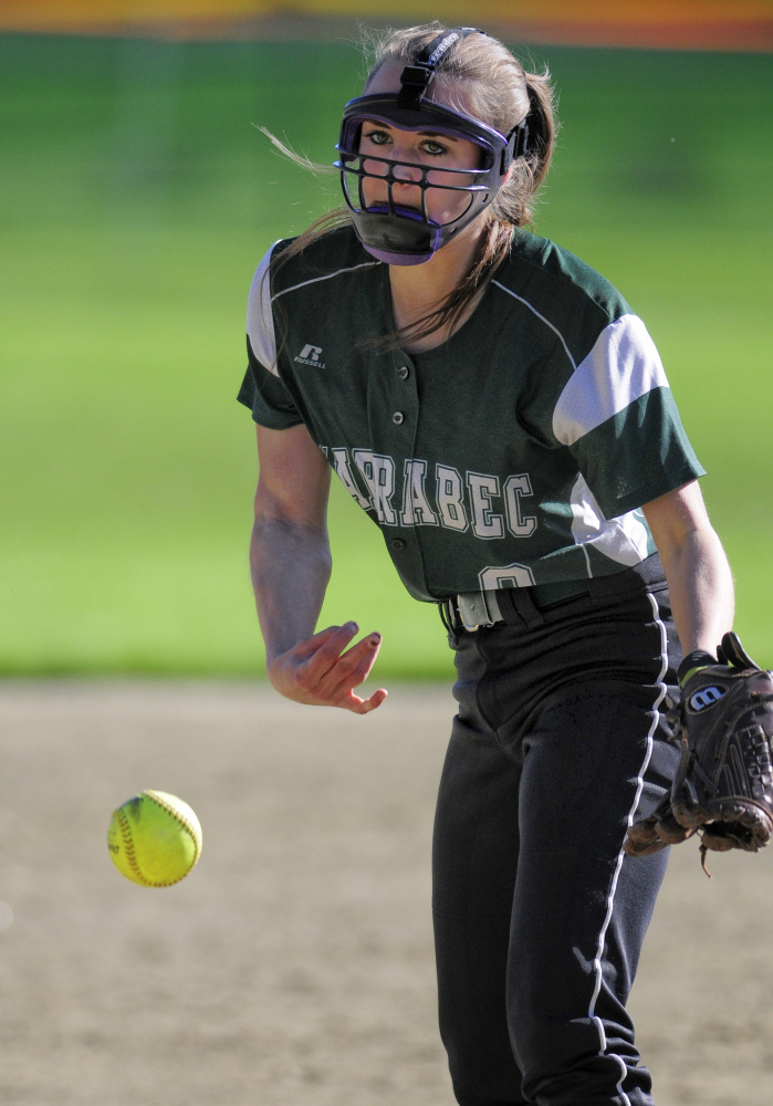 Carrabec pitcher Sam LeBeau throws during a Mountain Valley Conference game against Monmouth Academy in Monmouth on Tuesday.