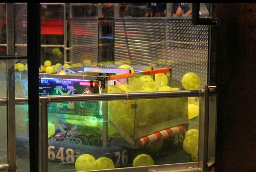 A robot that students in the Infinite Loop robotics team at Messalonskee High School built for FIRST competitions.