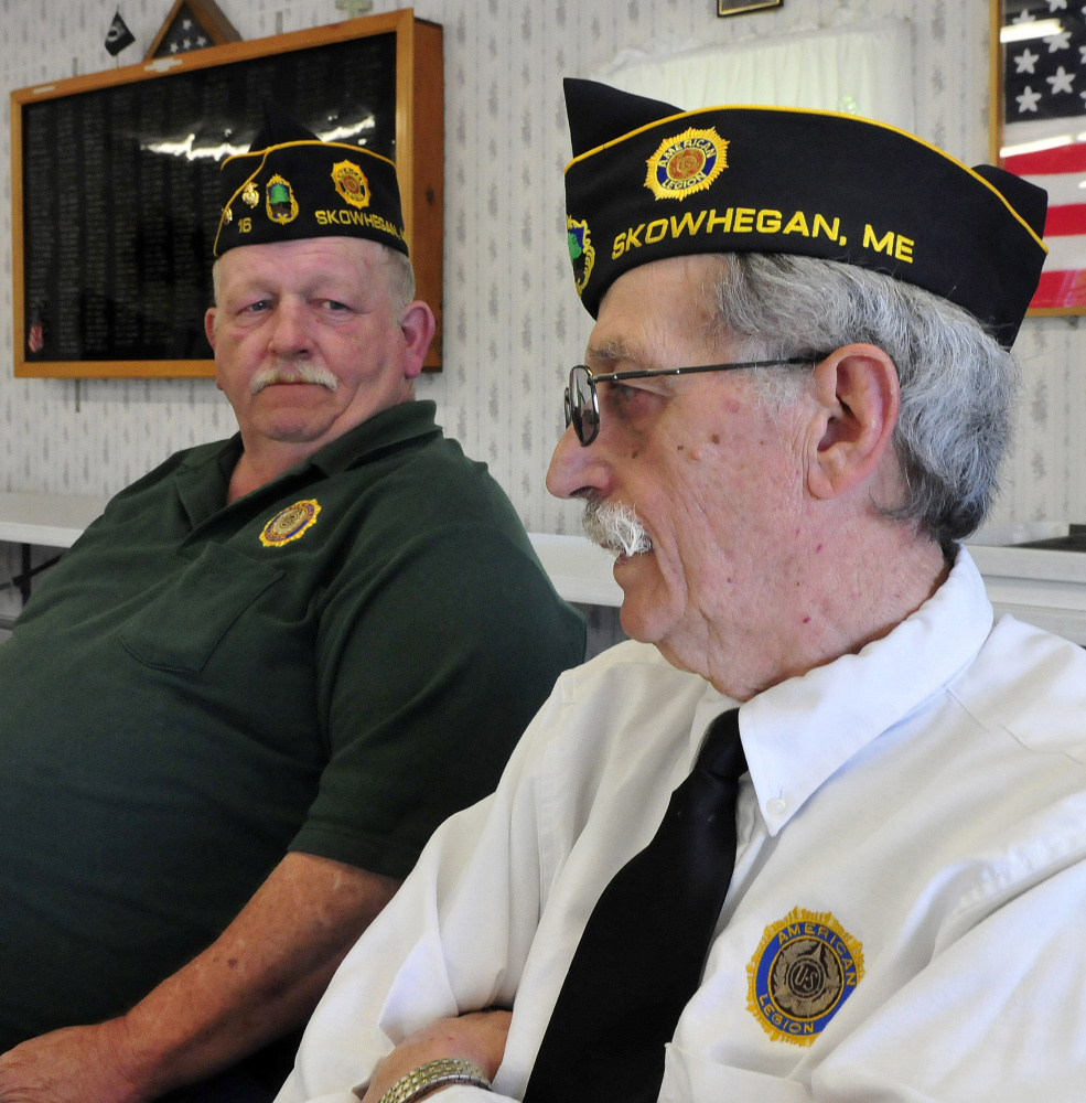 American Legion Post 16 Adjutant Bob Mercer, right, and Commander Steven Spaulding speak about the need to recruit new members at the Legion hall in Skowhegan on Sunday.