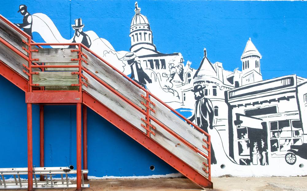 The outline of a mural that will be painted in by the public at an event Saturday in downtown Augusta is shown on Thursday.