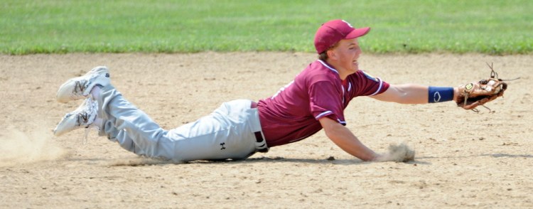 Franklin County shortstop Ryan Pratt extends to stab a hard hit ground ball up the middle against Gardiner in the American Legion Zone 2 tournament game last at Memorial Field in Skowhegan. Pratt, a Mt. Blue graduate who now plays at the University of Maine at Farmington, returns to Franklin County this season.