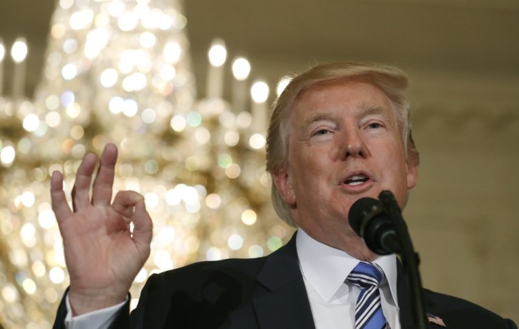 President Trump speaks during a "Made in America" product showcase featuring items created in each of the 50 states at the White House Monday.