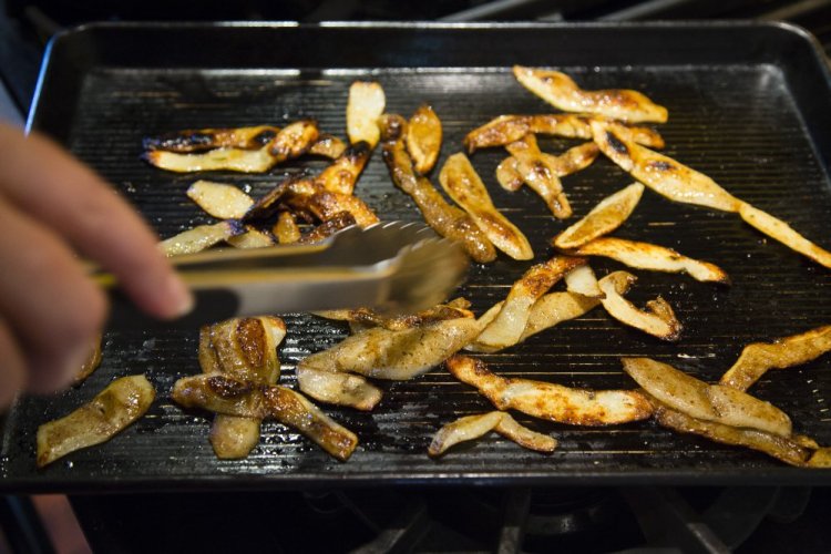 Sweet and spicy potato skin chips.