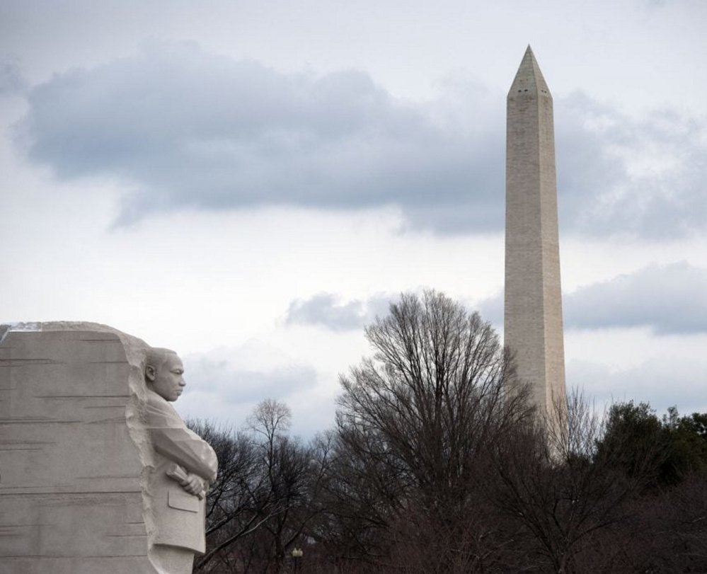 The site of the rally Monday: the Martin Luther King Jr. Memorial and the Washington Monument.