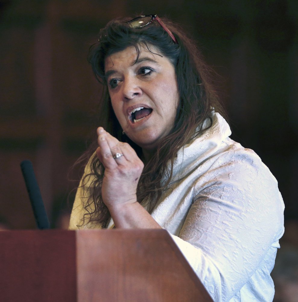 Amy Fairfield, attorney for Anthony Sanborn Jr., attends a bail hearing April 13 in Portland. She says police and prosecutors worked together to hide evidence and, therefore, violated his rights to a fair trial and due process.