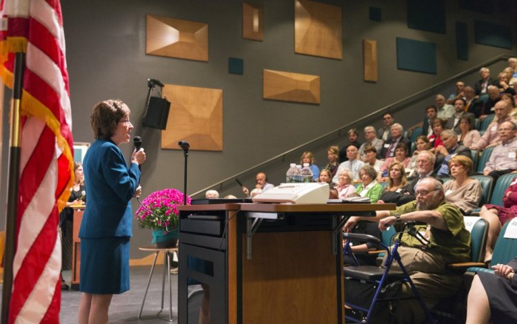 U.S. Sen. Susan Collins speaks during an event at York County Community College on Friday. Collins said she would decide within a month whether to run for governor, affirmed her belief that global climate change is proven, and reiterated that something must be done to curb the heroin crisis.