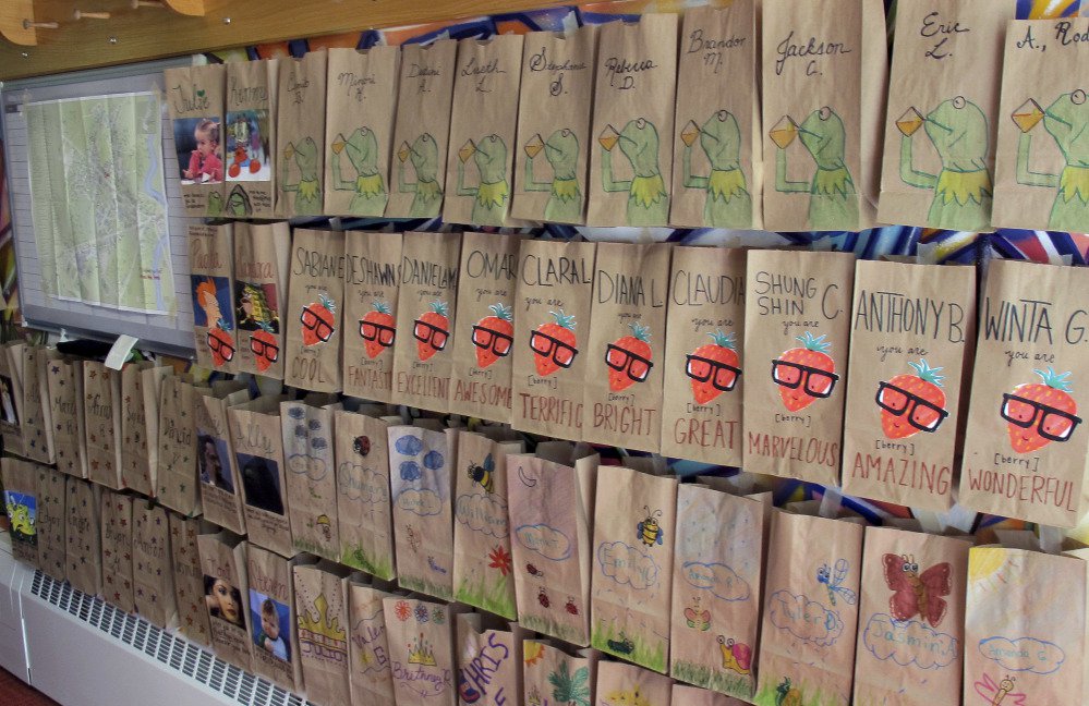 Bags with the names of first-generation students are used as a support-each-other tool at Middlebury College.