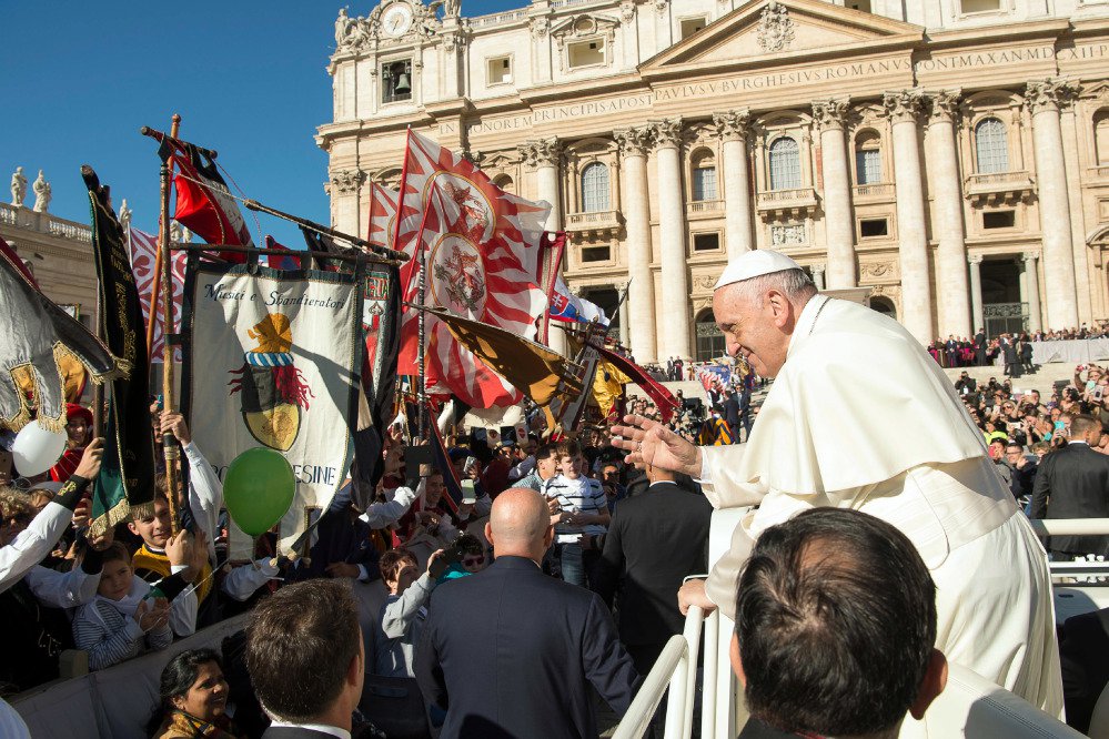 Pope Francis waves during his general audience in St. Peter's Square at the Vatican Wednesday. He said Friday that the church failed to accept pedophilia as an illness.
L'Osservatore Romano/Pool Photo via AP