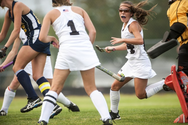 Skowhegan sophomore Alexis Michonski, right, celebrates a goal with teammate Julia Steeves during the first half of a Kennebec Valley Athletic Conference Class A game against Mt. Blue on Tuesday in Skowhegan.