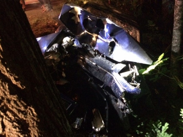 A 17-year-old girl from Bingham who was driving a 2004 Volkswagen Jetta, the front end of which is seen here, was flown by helicopter to a Bangor hospital with serious but not life-threatening injuries after the car struck a tree on Stream Road in Moscow.