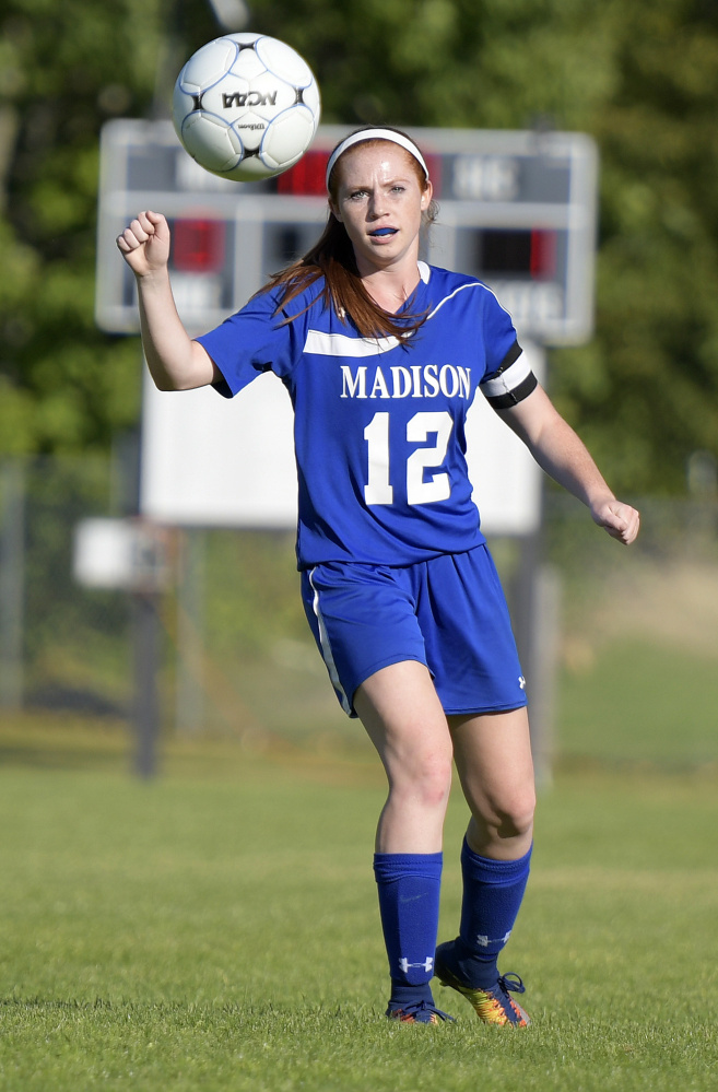 Madison senior Ashley Emery looks to make a play during a Mountain Valley Conference game earlier this season against Hall-Dale.