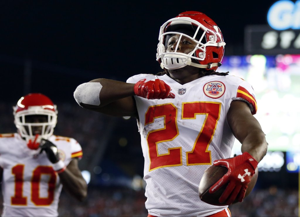 Kansas City Chiefs running back Kareem Hunt celebrates his touchdown against the New England Patriots.