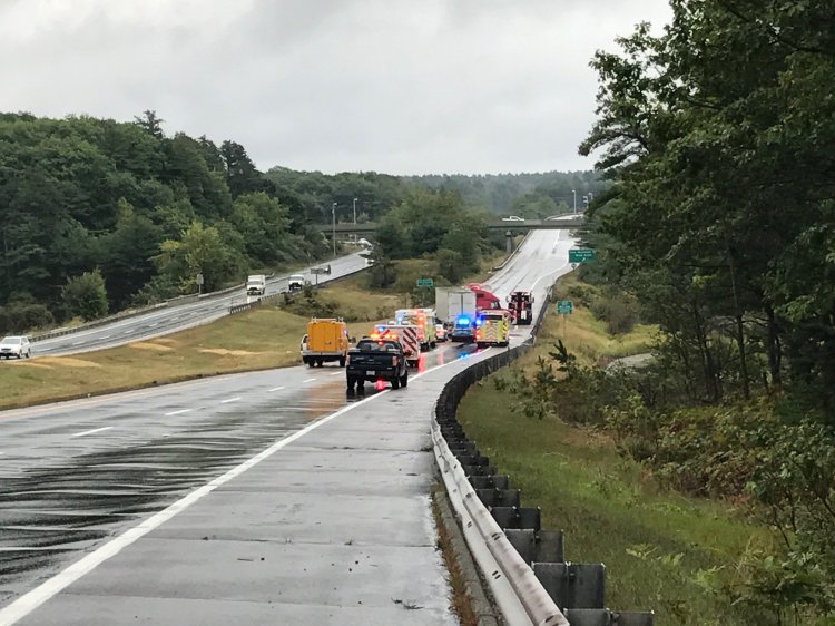 Emergency vehicles tend to a jackknifed semi truck on Route 1 just north of Brunswick.  Staff photo by Rachel Leonard 