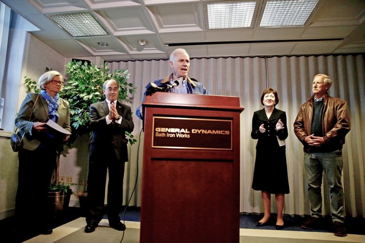 U.S. Navy Secretary Richard Spencer makes a statement before his tour of Bath Iron Works on Friday. All four members of Maine's congressional delegation – U.S. Reps. Chellie Pingree and Bruce Poliquin and U.S. Sens. Susan Collins and Angus King – turned out to welcome Spencer to the shipyard.