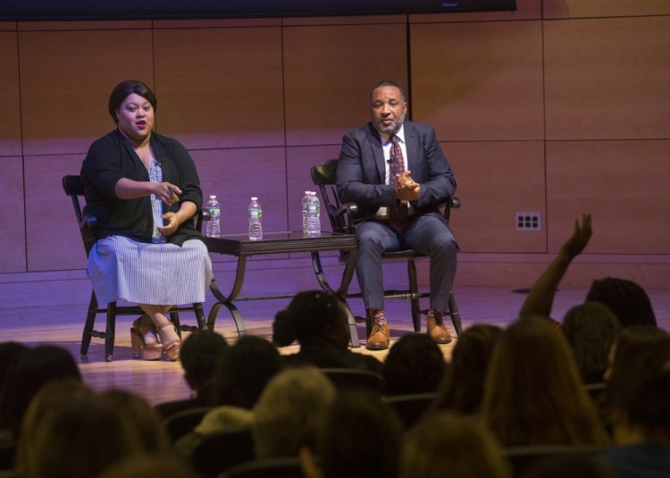  Alfred Carter and Veronica Robinson, both grandchildren of Henrietta Lacks, field questions from the audience at University of Southern Maine's Hannaford Hall on Friday.