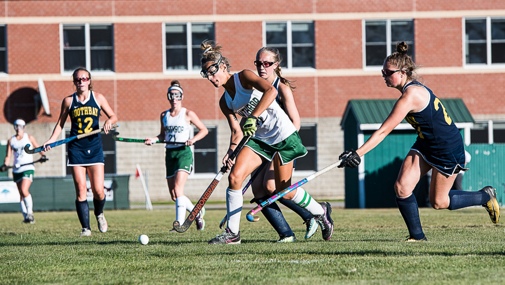 Winthrop's Kinli DiBiase controls the ball as Boothbay's Hali Goodwin defends during a Class C North game Monday afternoon in Winthrop.