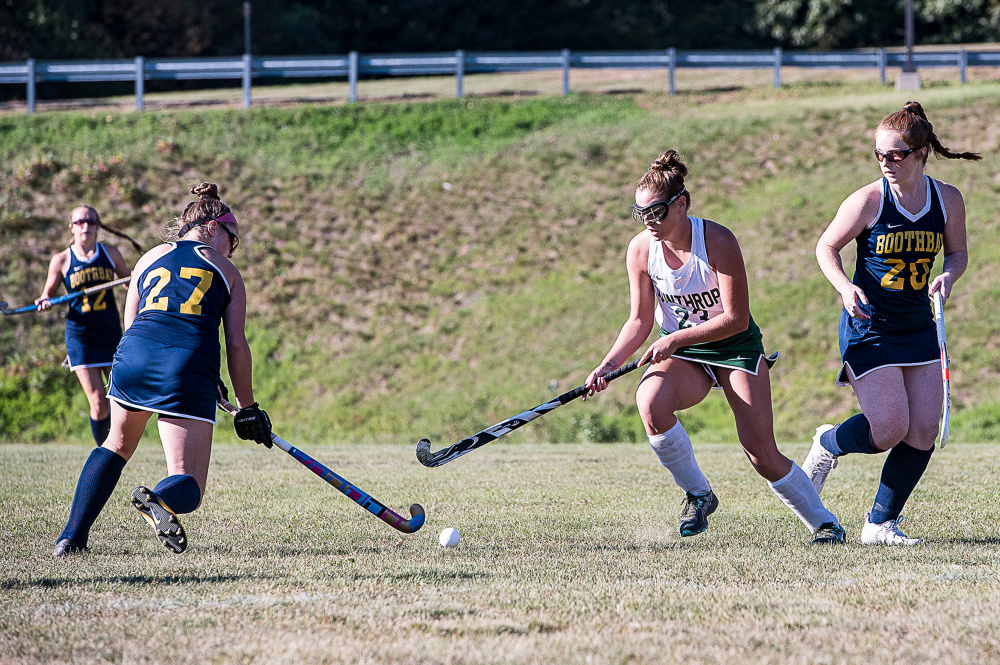 Winthrop's Elle Blanchard and Boothbay Harbor's Hali Goodwin go for the ball  during a Class C North game Monday afternoon in Winthrop.