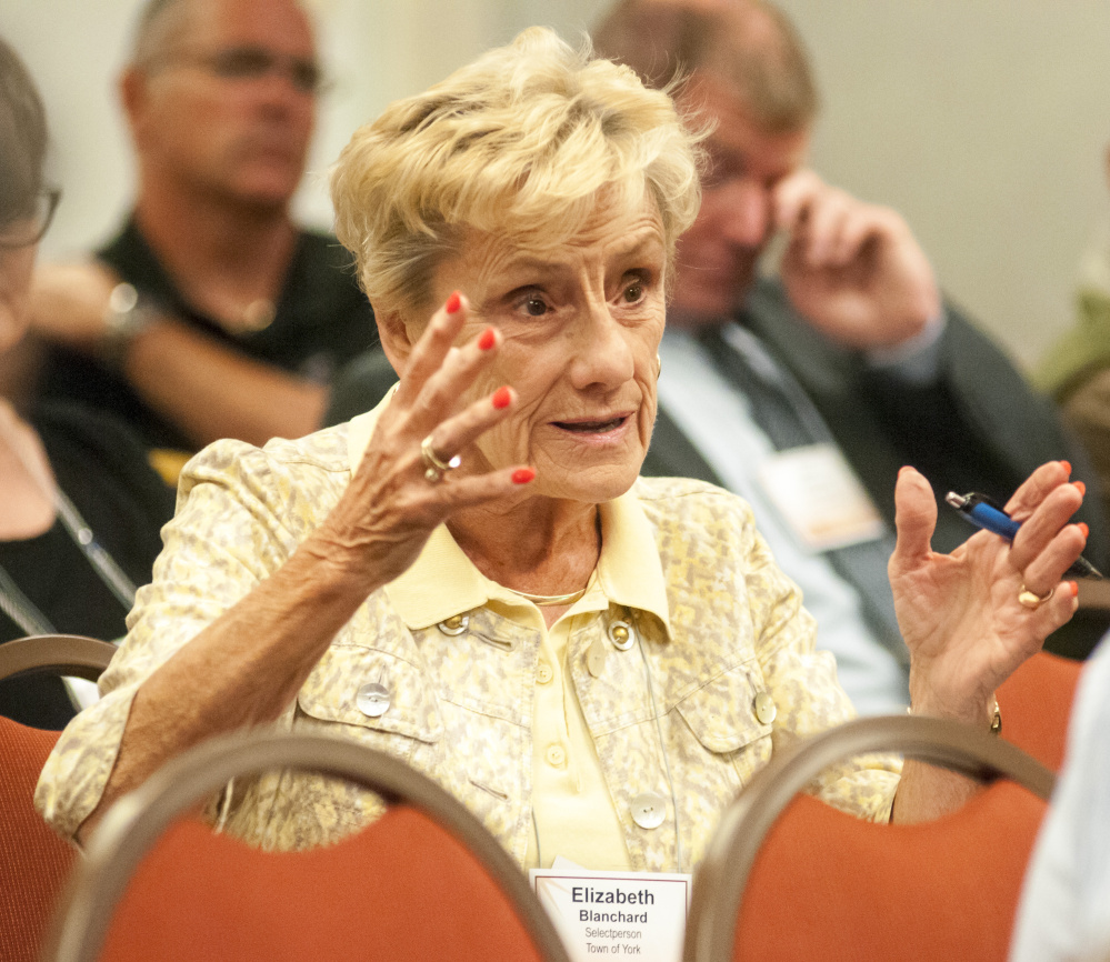 York Selectperson Elizabeth Blanchard asks a question during a Maine Municipal Association convention panel discussion on opioids Wednesday at the Augusta Civic Center.