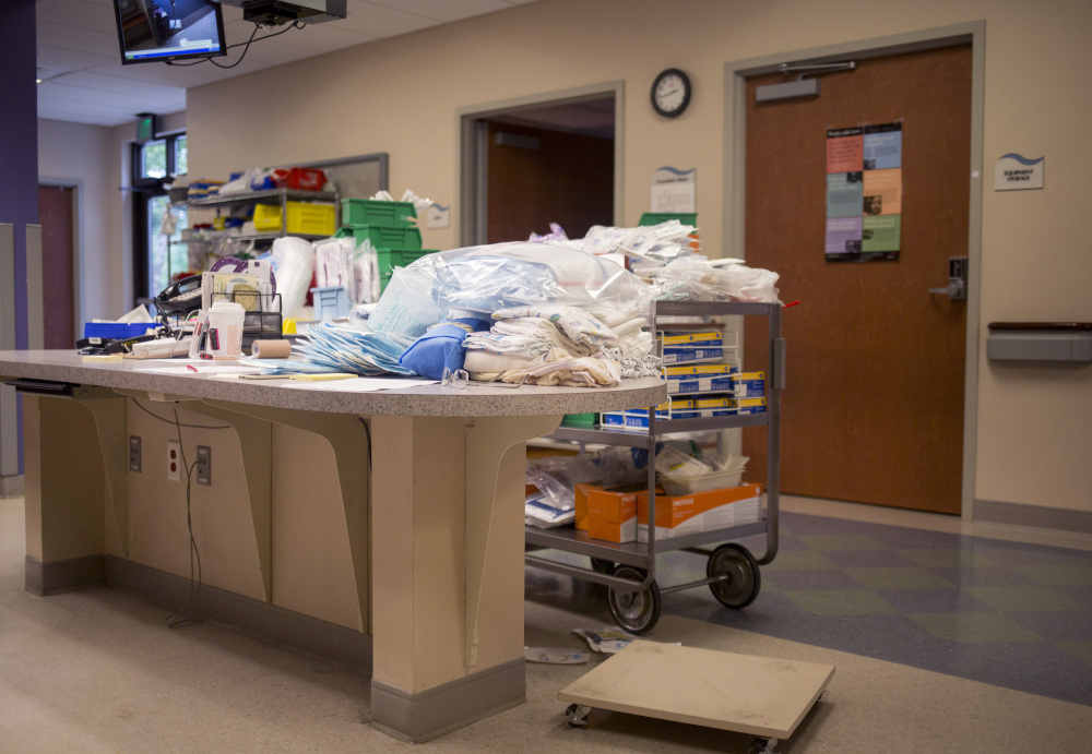 CALAIS, ME - AUGUST 31: Supplies that are being sorted through by staff members to prepare emergency delivery carts for the Calais Regional Hospital ER. The ER staff are being sent through trainings to be prepared for women who may have to deliver in the ER in the wake of the obstetrics unit closure (Staff photo by Brianna Soukup/Staff Photographer)