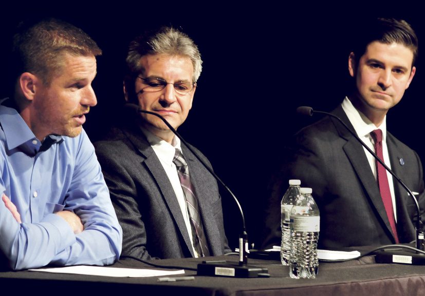 Candidates for Waterville mayor take part in a debate Tuesday night at Thomas College in Waterville. From left are Erik Thomas, John Levesque and Nick Isgro.