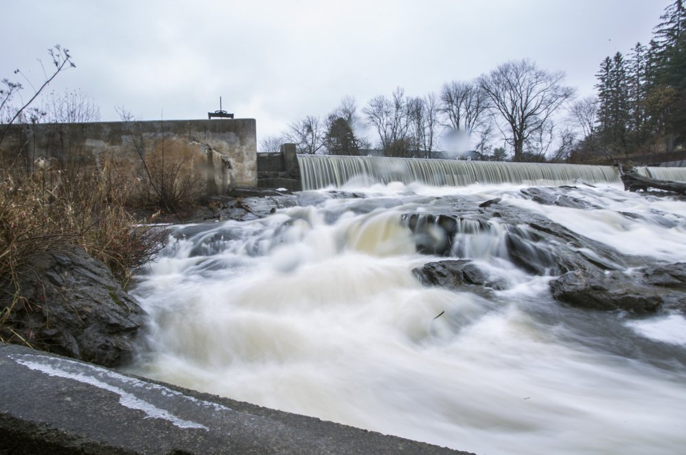 Below the Bridge Street Dam, waters churn before leveling out en route to Casco Bay.