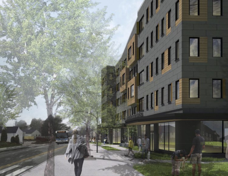 A rendering depicts the 64-unit West End Apartments proposed for 586 Westbrook St. in South Portland with commercial space on the ground floor.