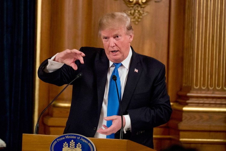 President Trump speaks during a state banquet at the Akasaka Palace on Monday in Tokyo. Trump is on a five-country trip through Asia traveling to Japan, South Korea, China, Vietnam and the Philippines. 