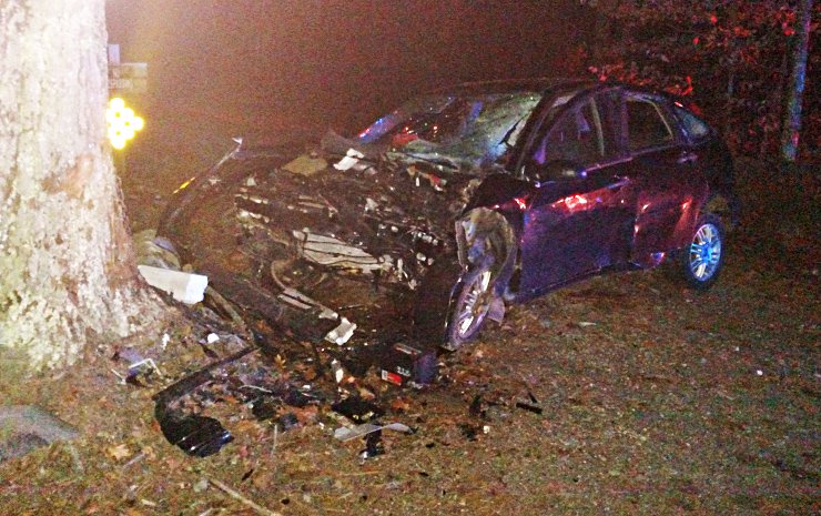 The crash scene in Raymond where a Ford Focus driven by Tom Hardy of Poland veered off North Raymond Road early Thursday morning.