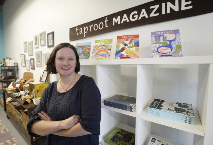 Amanda Blake Soule, editor of Taproot magazine, in her Portland office at Milk and Honey café on Cove Street.