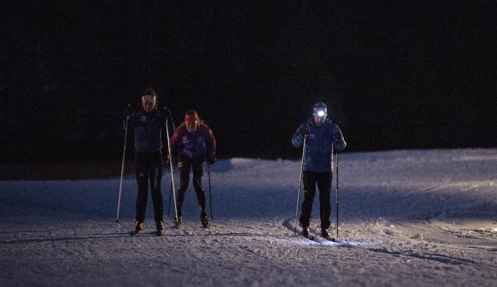 A member of the Colby College ski team enjoys early season Nordic skiing at Quarry Road Trails on Thursday.