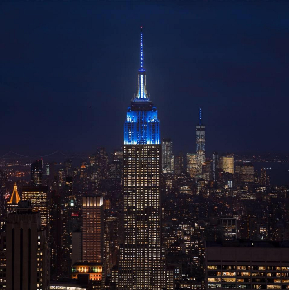 Through the generosity of a Colby trustee, the Empire State Building is lit up Tuesday night in Colby blue, in an effort to draw attention to the college's capital campaign.