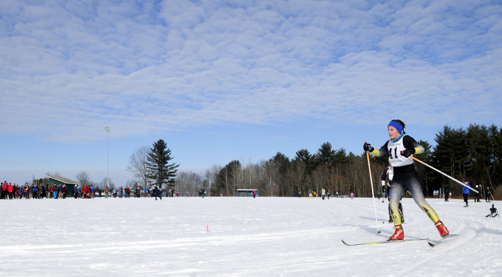 Maranacook's Laura Parent turns a corner during the Hornet Classic last January in Turner.