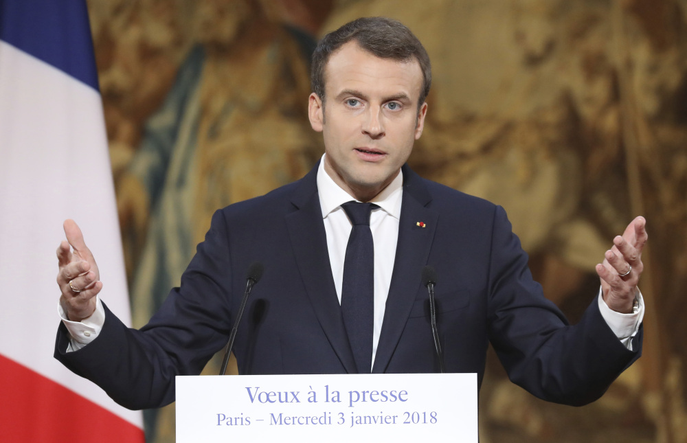 French President Emmanuel Macron at the Elysee Palace in Paris, where he said Wednesday that he'll propose a bill that would require websites to disclose their funding sources.